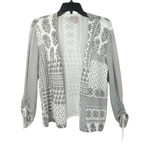 Chicos Open Front Cardigan Womens Size 2 US L Ruched Sleeve Sweater Paisley - Picture 1 of 16